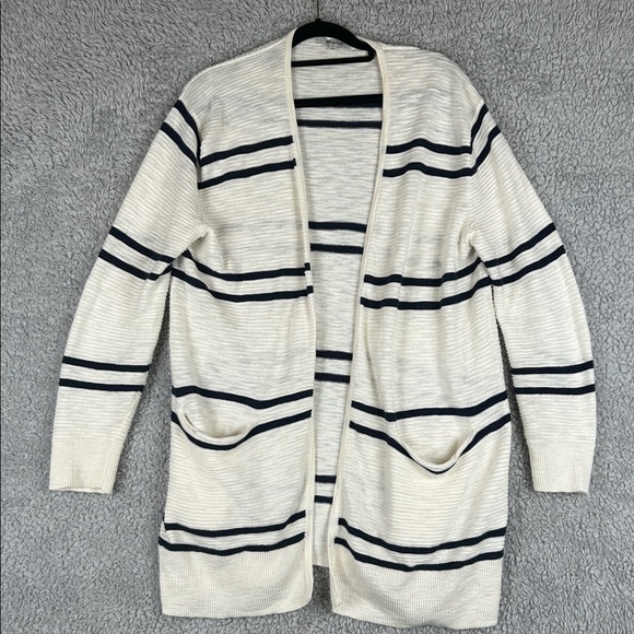 Madewell Long Open Front Cardigan Striped Textured Ivory Navy Size S - Picture 3 of 16